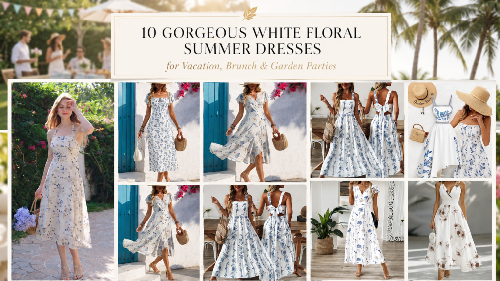 Collage featuring 10 white floral SHEIN dresses under $29 that look designer-inspired, including elegant midi, maxi, wrap, and fit-and-flare styles with blue and floral prints, perfect for summer vacations, brunch, weddings, and garden parties.
